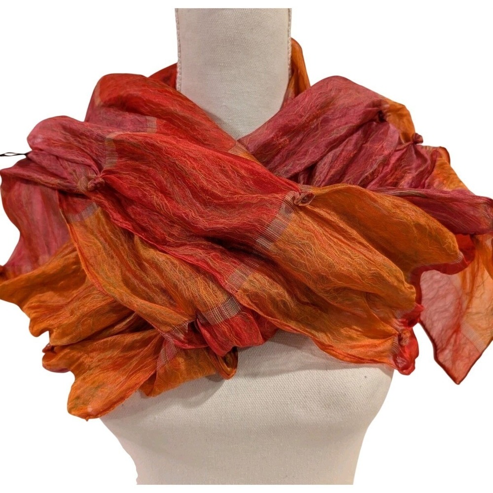 Silk Blend Bubble Textured Scarf Orange Red Ombre Sheer Beaded Lightweight Wrap